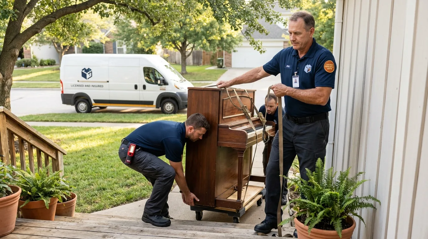 Licensed piano movers securing grand piano in Cedar Bluff, VA