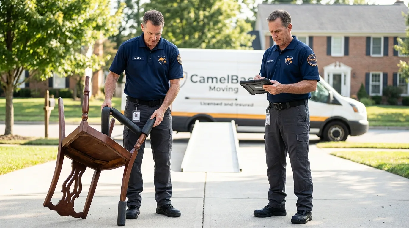 Movers inspecting furniture for damage prevention before loading in Cedar Bluff, VA