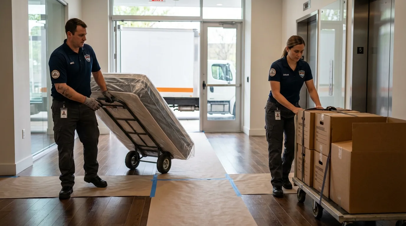 Professional apartment movers loading elevator in Cedar Bluff, VA
